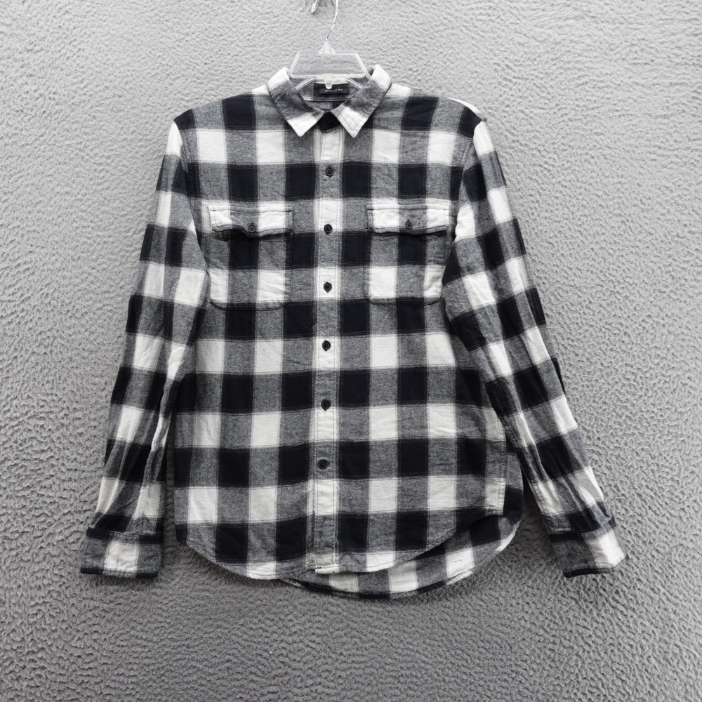Lucky Brand Flannel Shirt Medium Black White Plaid‎ Long Sleeve Mens Classic Fit